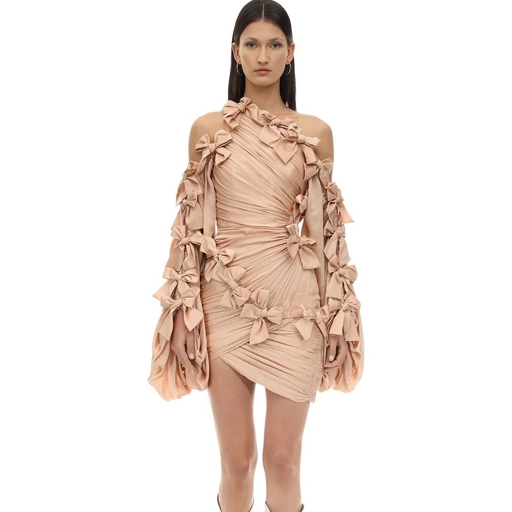 NWT Zimmermann Sabotage Pink Bow Long Sleeve 100% Silk Mini Dress Runway